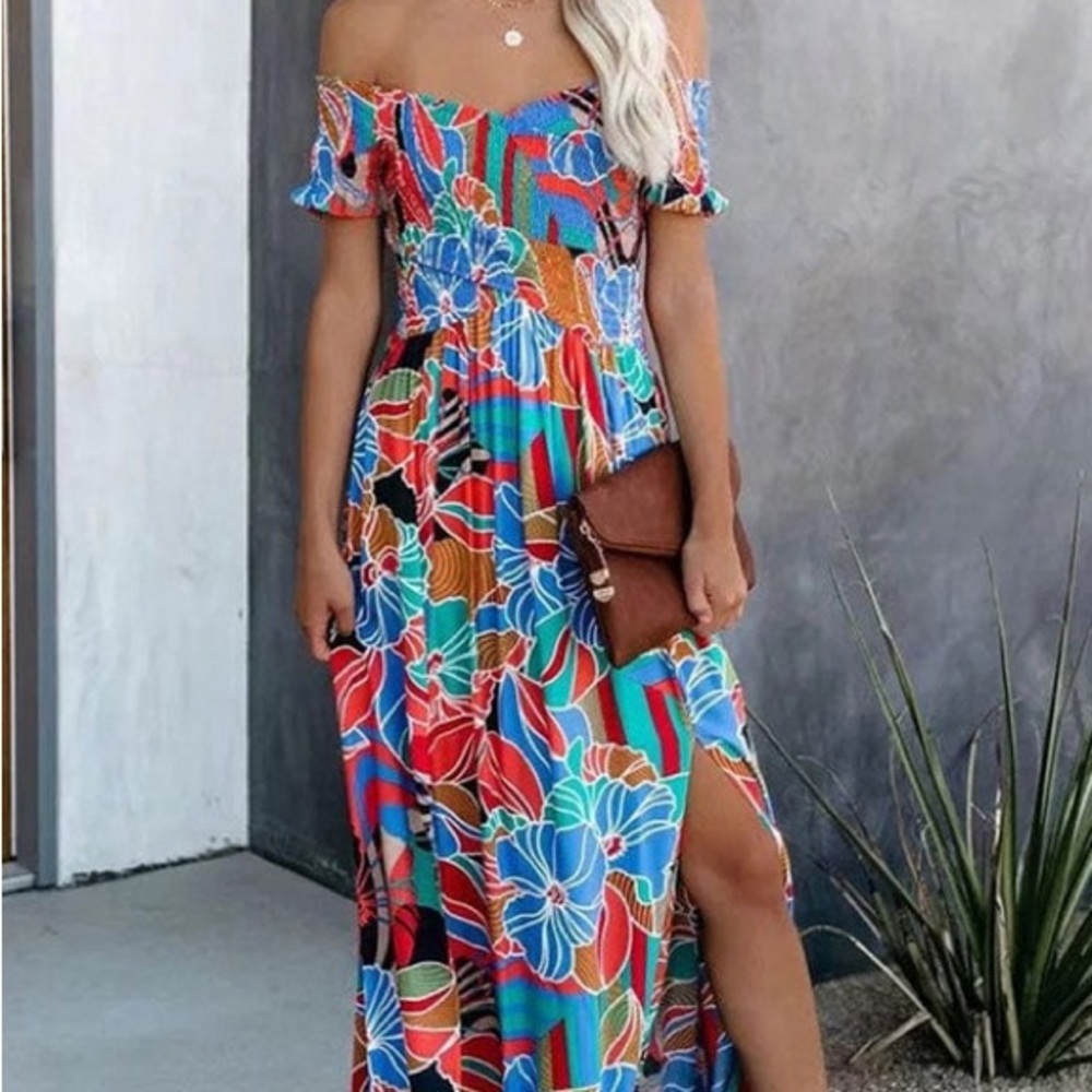 Aakaa Off The-Shoulder Tropical Floral Maxi Dress